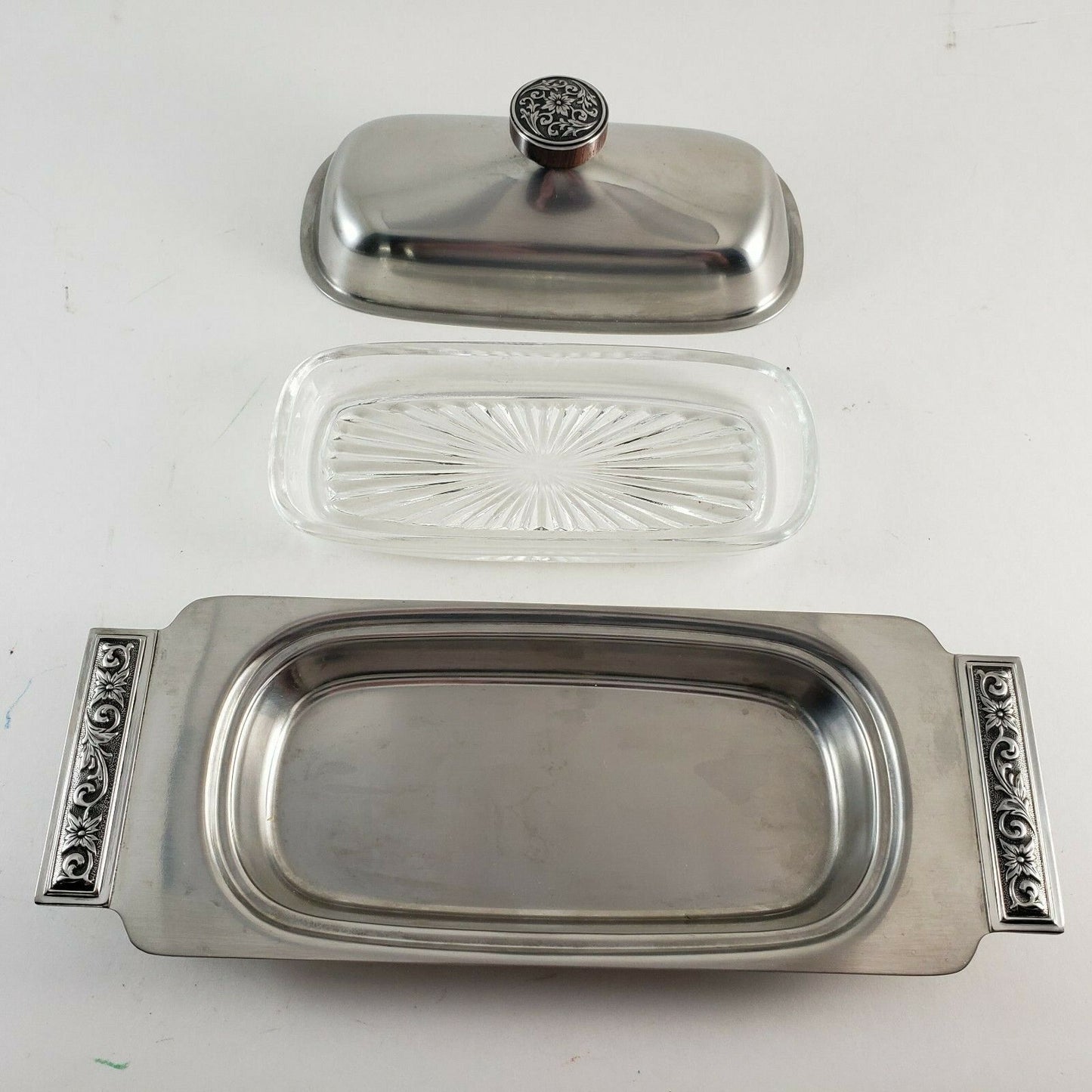 International Decorator 18-8 Stainless Set Vintage Covered Butter Dish Relish