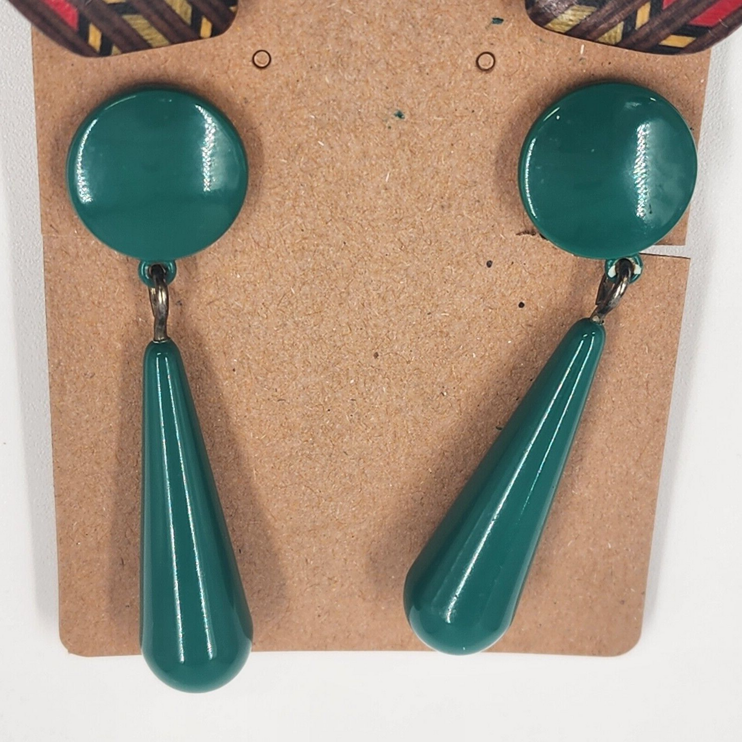 2 Pair Clip-On Earrings Teal Lucite Drop Dangle & Brown w Red Beige Stripes Vtg