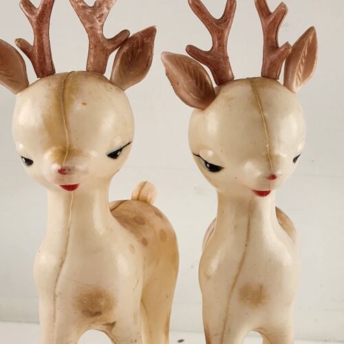 2 Soft Plastic Reindeer Fawns Faded Color Figurines Christmas 8" Tall Vintage