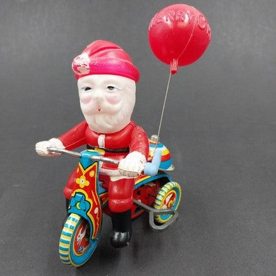 Suzuki Wind Up Toy Celluloid Santa Claus 1950 Tin Tricycle Japan Vintage Works