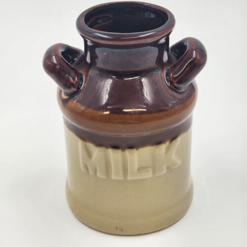 Stoneware Milk Can 5.25" Crock 2 Handles Brown & Beige Crazed