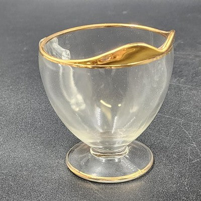 Crystal Clear Glass Sugar Bowl & Creamer 3.25" Gold Gilt Rim Scroll Handle