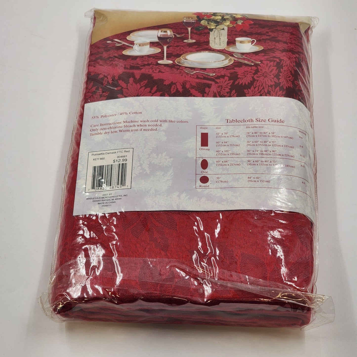 December Home Fabric Tablecloth Oblong Red Damask Poinsettia Motif 60"x102" NEW
