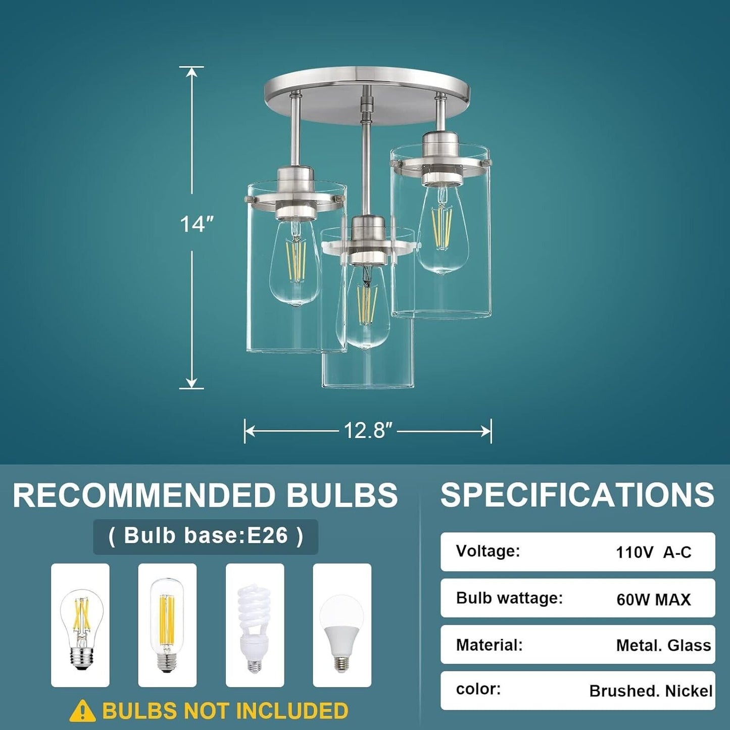 Sky Designer 3-Light Semi Flush Mount Ceiling Fixture Water Glass