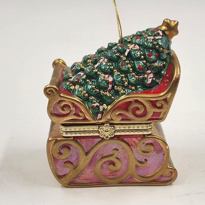 Mr. Christmas Hinged Gold Sleigh w/ Tree Music Box Ornament Ceramic 4.5"