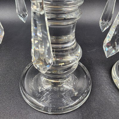 Set of 2 Heavy Crystal Glass Candle Holders Bobeche Pedestal Pendalogues Accents