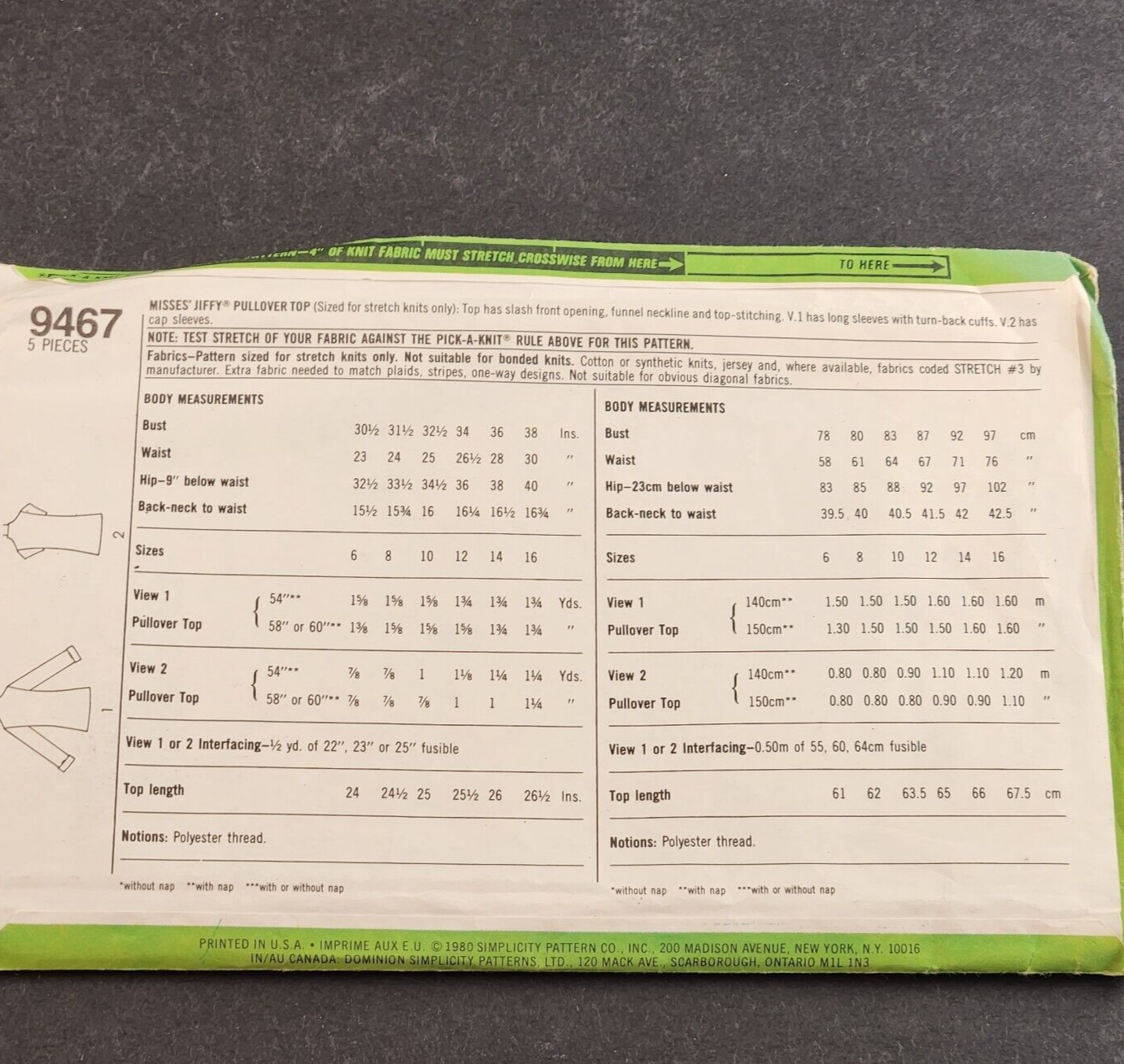 Simplicity 9467 Vintage Sewing Pattern 1980 Misses Jiffy Pullover Top Size 12