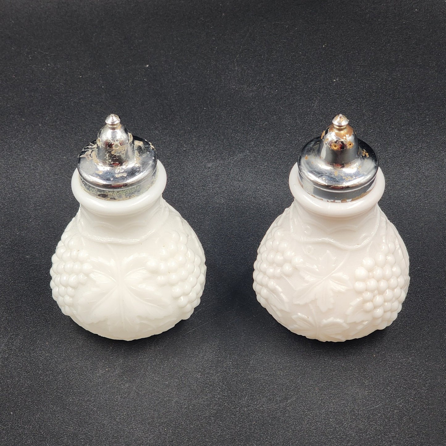 Imperial Milk Glass Grape Vine Pattern Large Salt and Pepper Shaker Set Vintage