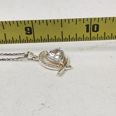 Silver Tone Chain with Heart Faceted Crystal Rhinestone Pendant Necklace 9.5"