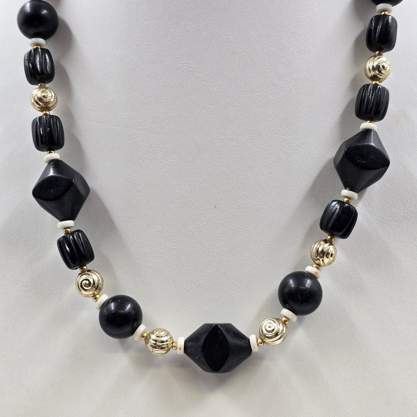 White & Gold Tone Beads with Black Faceted Diamond Faux Pearl Stone 12" Necklace