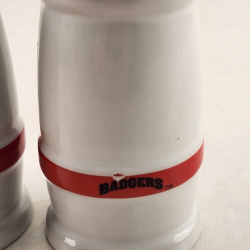 Set of 2 Ceramic Salt Pepper Shakers Wisconsin Badgers Logo White Red Trim 3.5"h