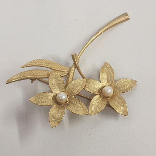 Gold Tone Flower Brooch with 2 Faux Pearls 2.5" x 2" Vintage
