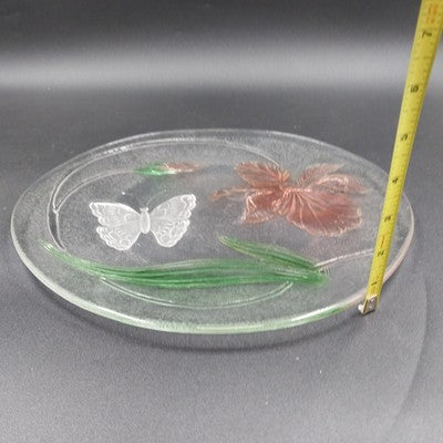 LE Smith 12.5" Clear Frosted Glass Plate Painted Iris & Butterfly Design Vtg