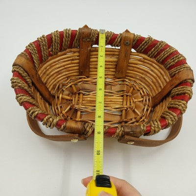 Wood Rattan Picnic Fruit Basket Swivel Handle Woven Red Rim 11x8.5"