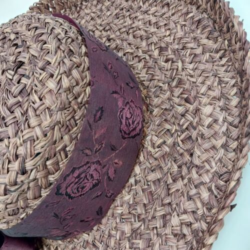Purple Woven Straw Sun Hat Bow with Black Rose Grosgrain Floral Flower Band 15"
