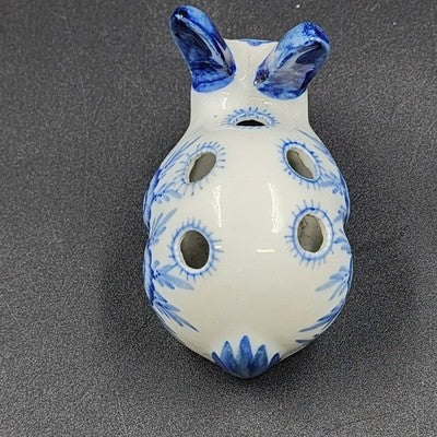 Blue White Porcelain Bunny Rabbit Flower Frog 4.5" 5 Holes Floral Holder
