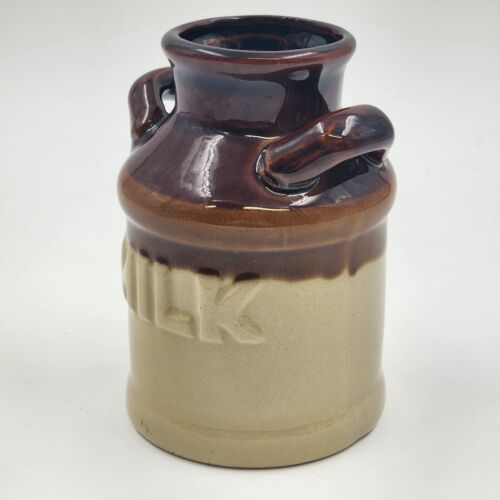 Stoneware Milk Can 5.25" Crock 2 Handles Brown & Beige Crazed