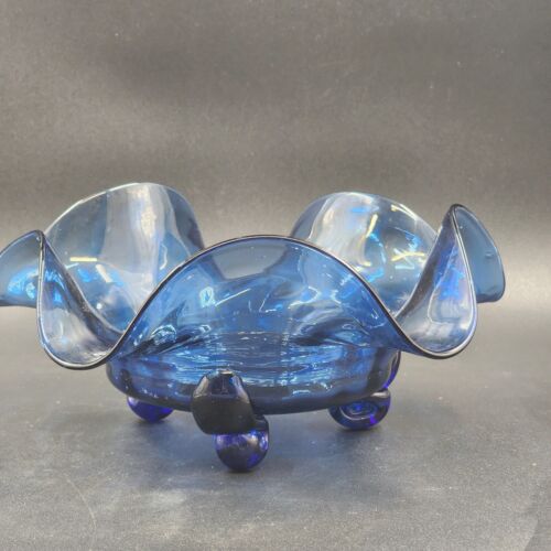 Hand Blown Blue Ruffled Glass Bowl 3 Affixed Feet 11" x 5" OOAK