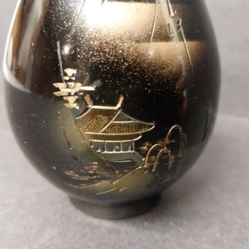 Japanese Chokin Bud Vase Black Enamel Brass 6.5" Vintage Marked Japan