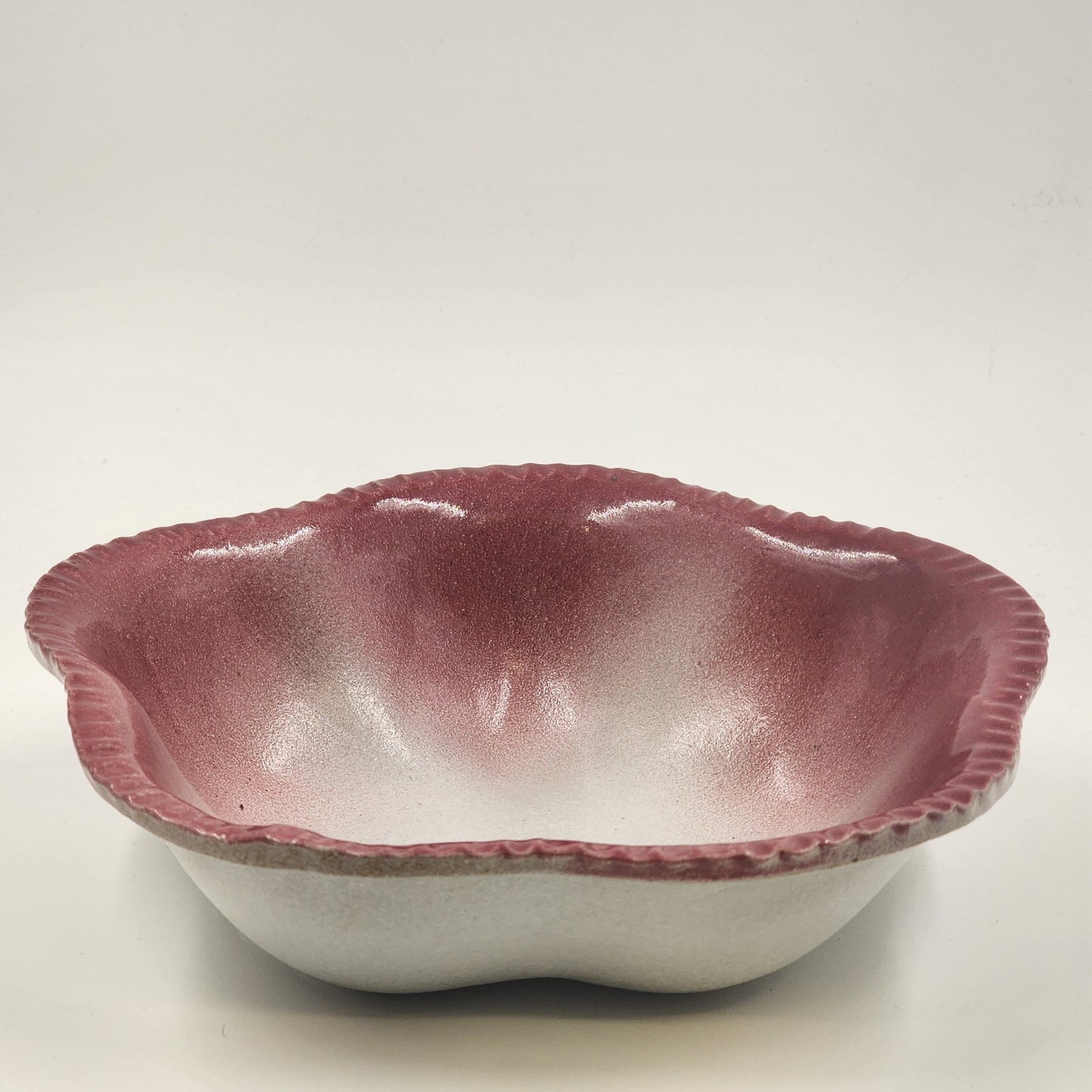 Handmade Studio Art Red Clay Serving Bowl Pink to White Glaze 9" x 2.5" Signed