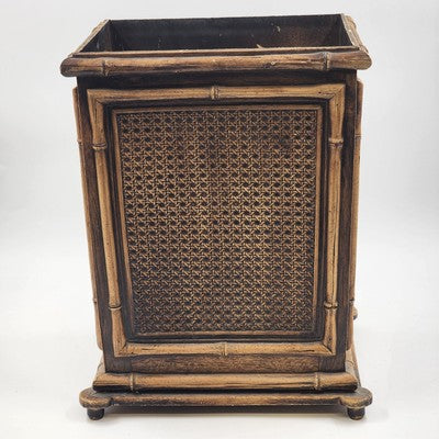 Vintage Gilt Faux Bamboo Caning Plastic Wastebasket Bin 14.5"