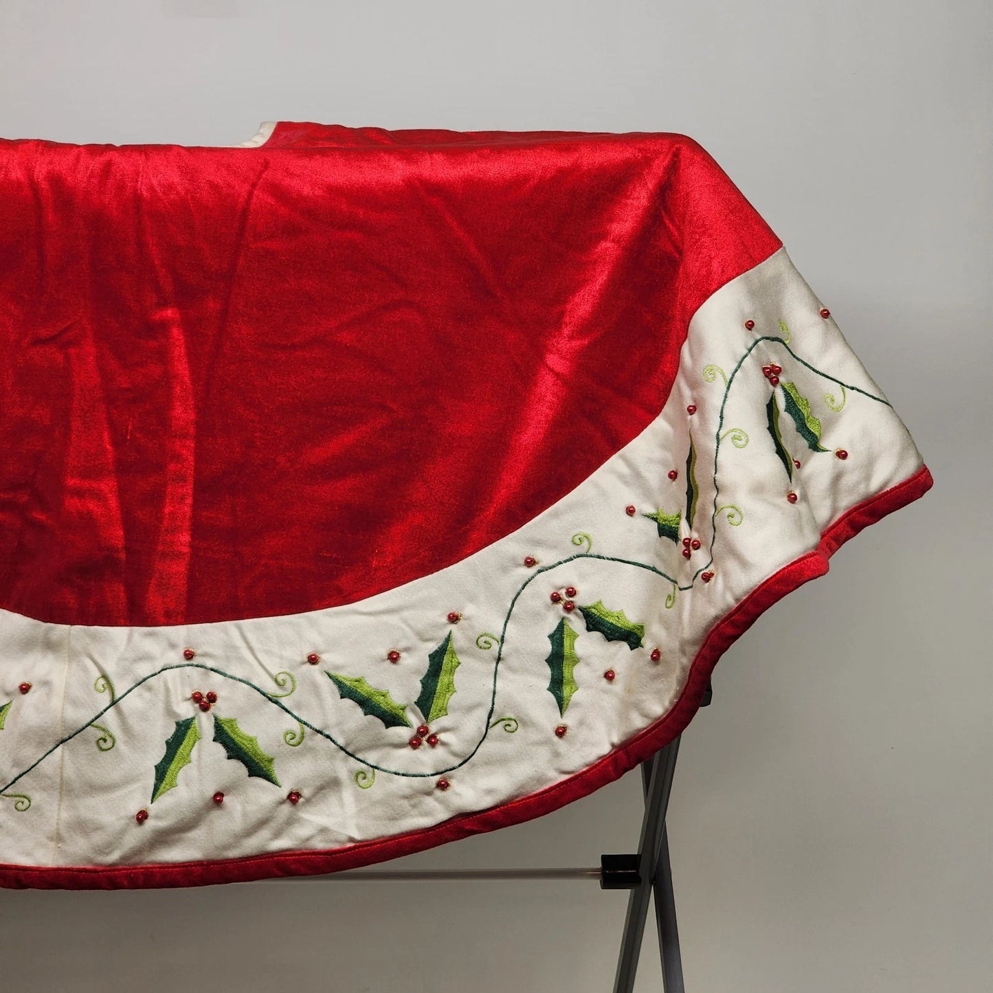 Red Christmas Tree Skirt 48" with Round White Holly Berries Trim Buttons Holiday