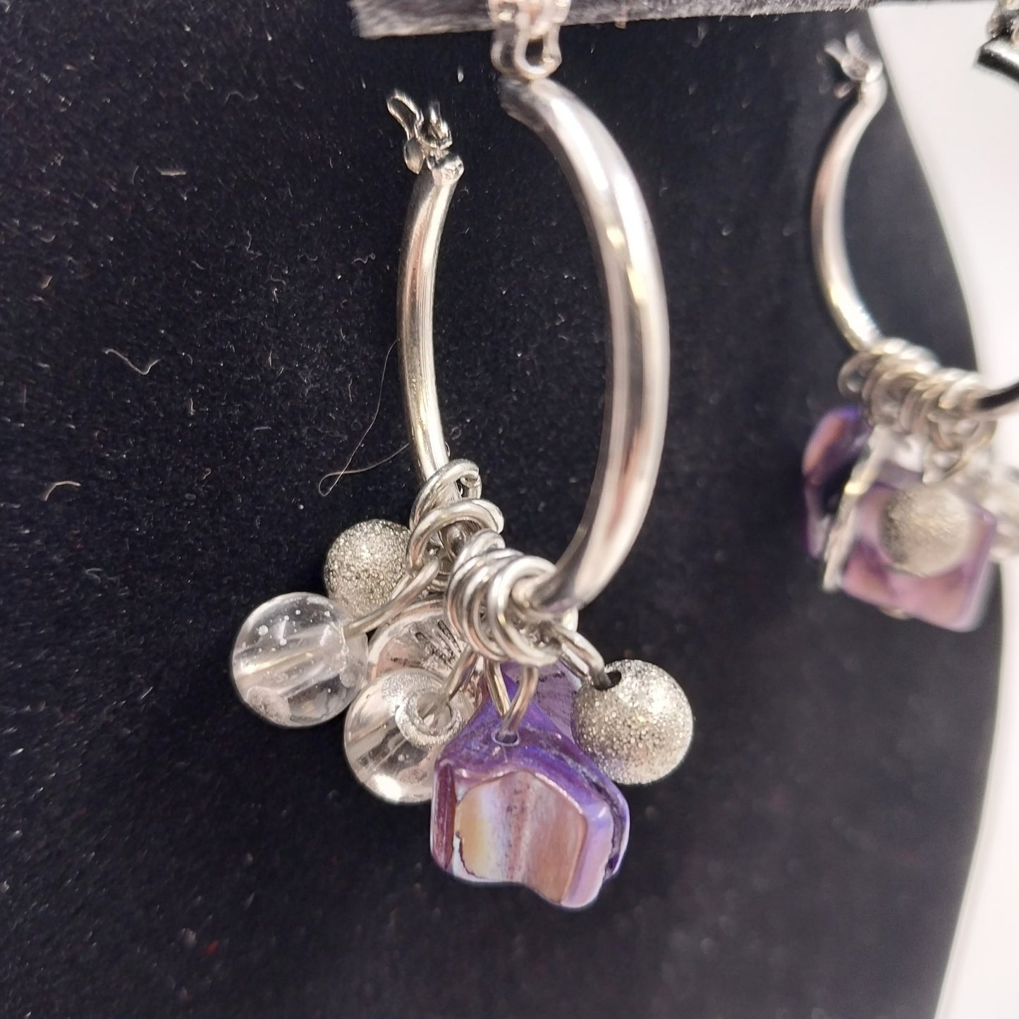 Catherines Silver Tone with Lilac Clear White Drop Dangle Beads Earrings 1"