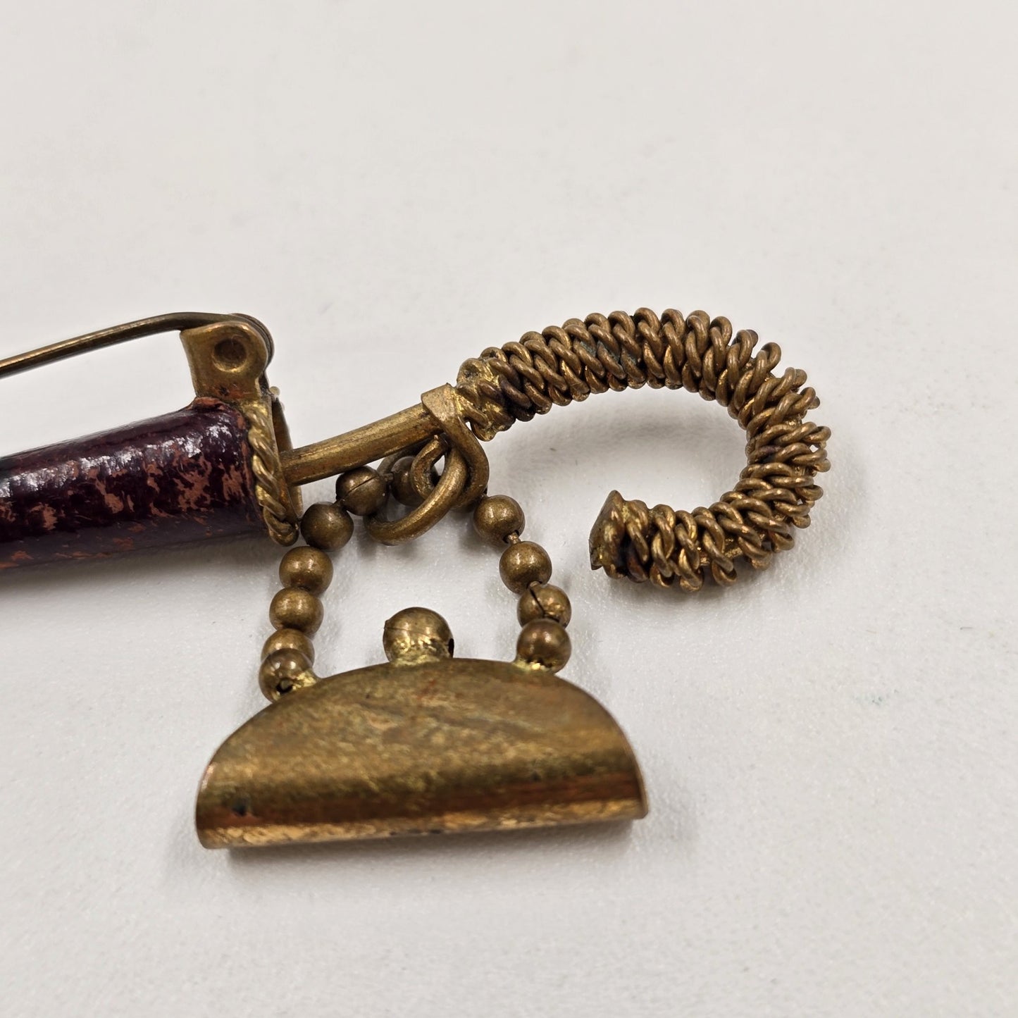 Gold Tone Umbrella with Handbag Purse Dangle Drop Brass Brooch Pin 2.5"