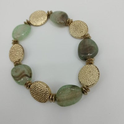 Set of 3 Bracelet Gold & Pale Green Tone Faux Pearl Faceted Oval Bead Stretch 7"