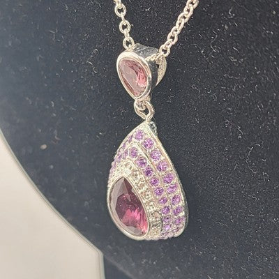 Silver Tone Chain Pear Cut Dangle Purple Rhinestone Amethyst Necklace & Earrings