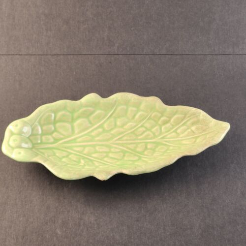 Green Leaf Trinket Nut or Candy Dish 9" Long by 4.5" Wide Crazed Made in Japan