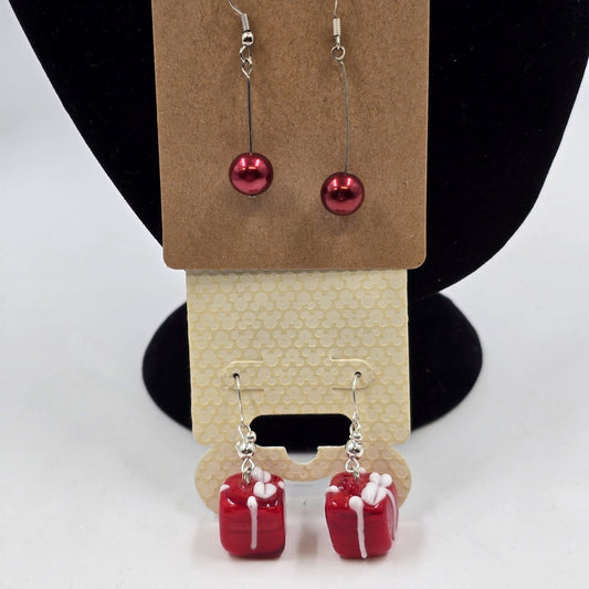 2 Earrings Silver Tone Red Faux Pearl Bead Drop & Disney Red Present Gift Dangle