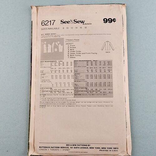 Butterick See & Sew 6217 Vintage Misses Jacket Sewing Pattern Uncut Size 18