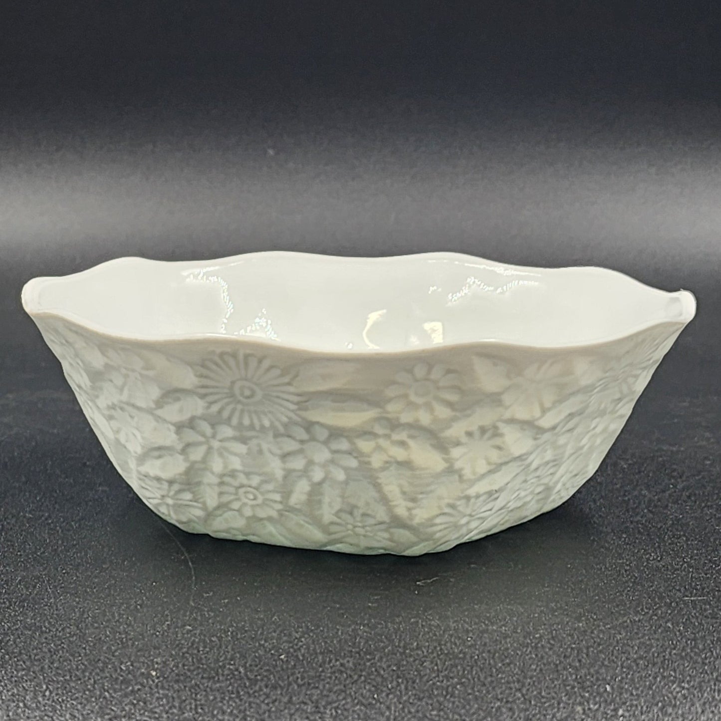 Daisy Imprinted Indiana Milk Glass Serving Bowl 5-Sided 7.5" x 2.5" MCM Vintage