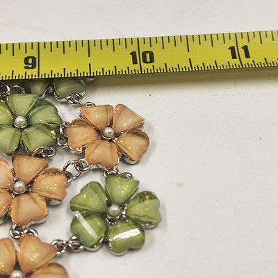 RMN Silver Tone Chain Green Yellow Flowers & Rhinestone Pendant Necklace 10"