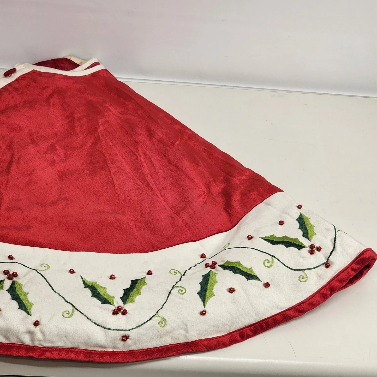 Red Christmas Tree Skirt 48" with Round White Holly Berries Trim Buttons Holiday