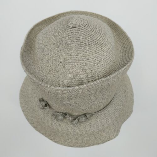 Deborah Rhodes Brimmed Hat Gray Straw Weave Bows Buttons 2.5" Women Medium