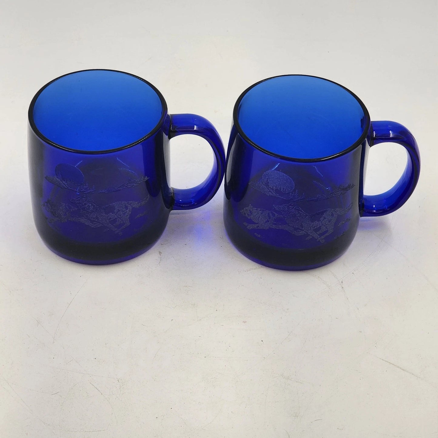 2 Cobalt Blue Coffee Mug Cups 12 oz Etched Running Wolves France