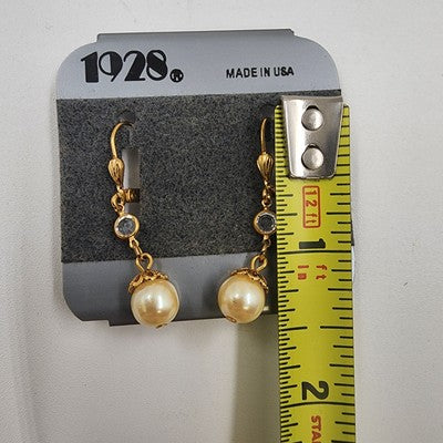 1928 Gold Tone with Chunky Faux Pearl Ball Drop Dangle Earring 1.25" Made in USA