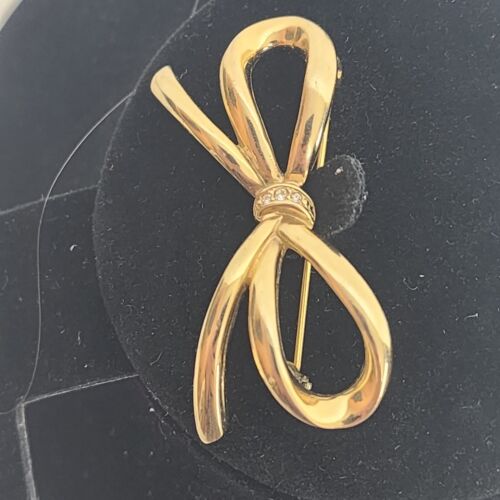 Gold Tone Bow Brooch with Clear Rhinestones 2" x 1.5"