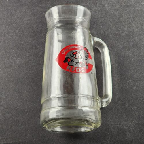 2 Cincinnati Reds Glass Stein MLB Mr Redleg Planters Peanuts Lids 1980s Vintage