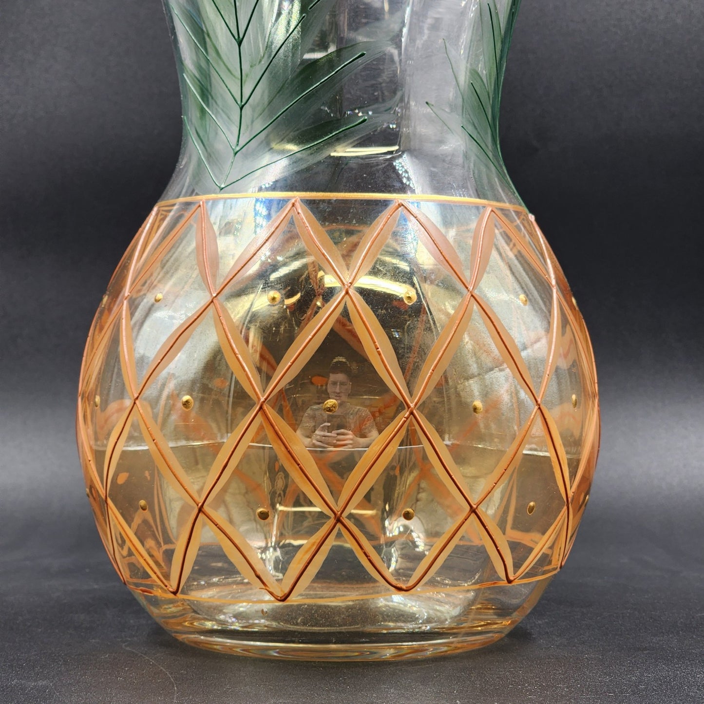 Romanian Vase Clear Crystal Hand Painted Art Glass Pineapple Design Gold Trim
