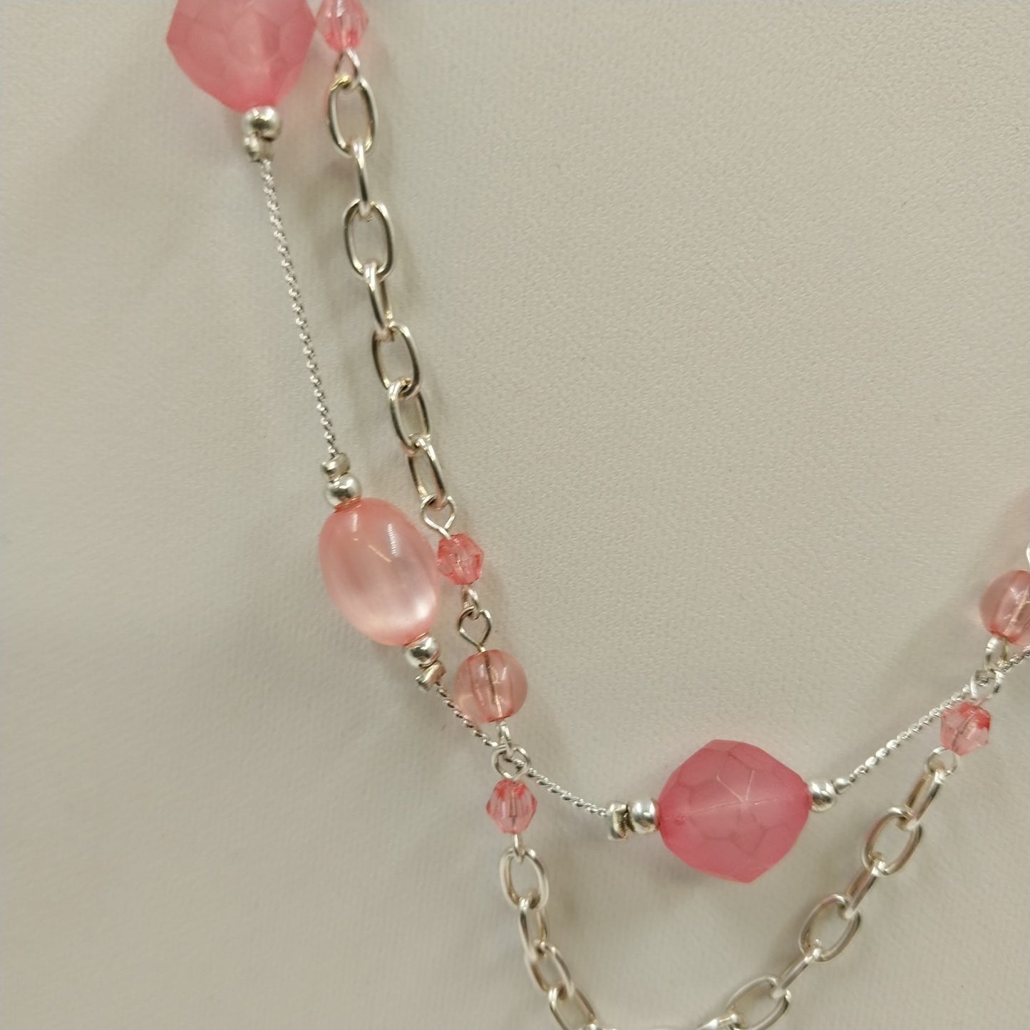 Silver Tone Necklace and Earrings Set in Pink Faux Pearl Beads Double Strand 15"