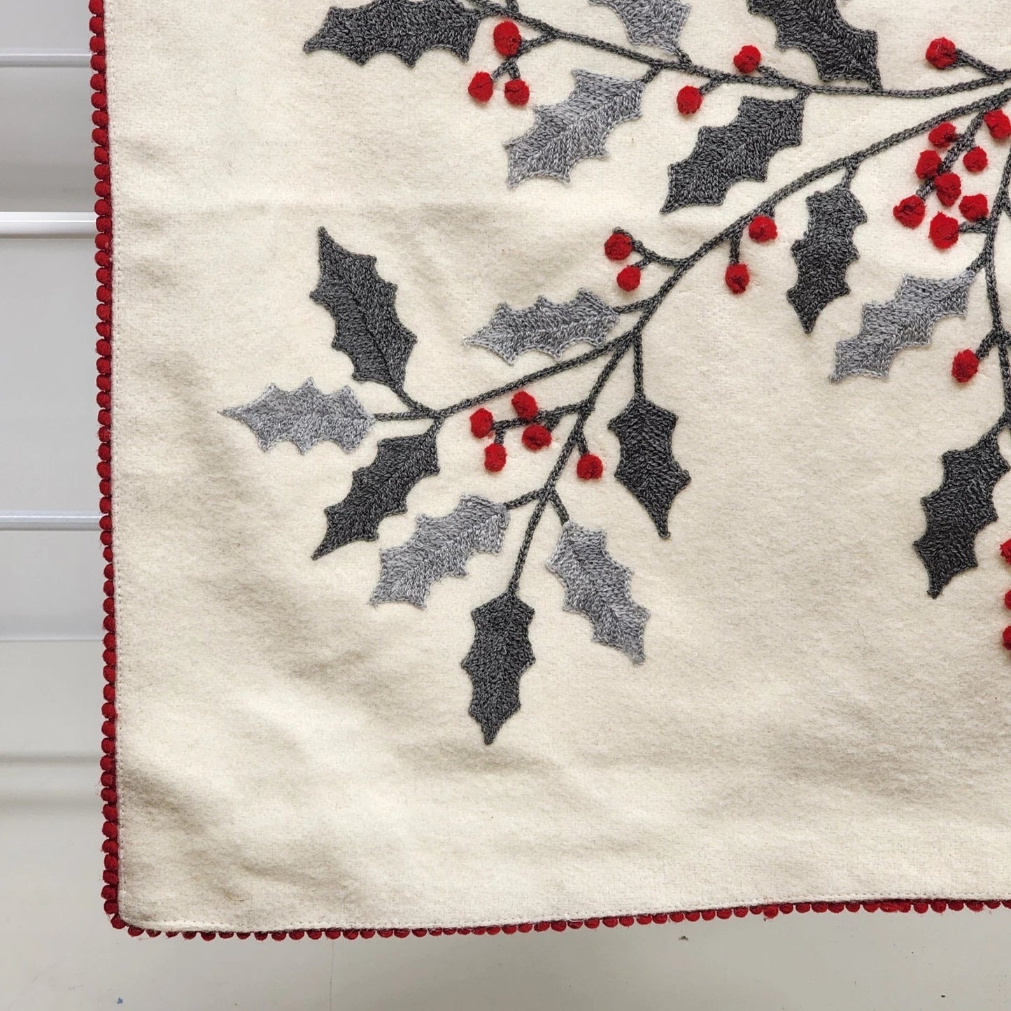 Artisan NY Home Table Runner Holly Bough Embroidered Red Trim 72"x18" Holiday