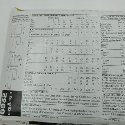 New Look 6932 Vintage Sewing Pattern 2000's Uncut Children's Pajamas Size A 5-8