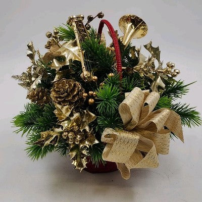 Floral Arrangement Christmas Basket Greenery Holly Red Basket 10" Gold Bow