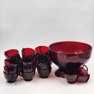 Royal Ruby Red Glass Punch Bowl 23 Cups and Stand Set by Anchor Hocking