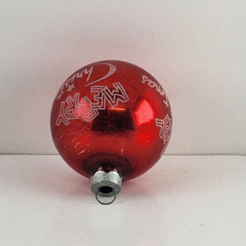 Shiny Brite Mercury Glass Ornament Red CHRISTMAS GREETINGS & Bell Printed USA