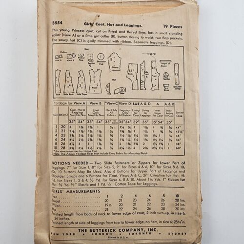 Butterick 3554 Vintage Sewing Pattern 1940's Girls Coat Hat & Leggings Size 4