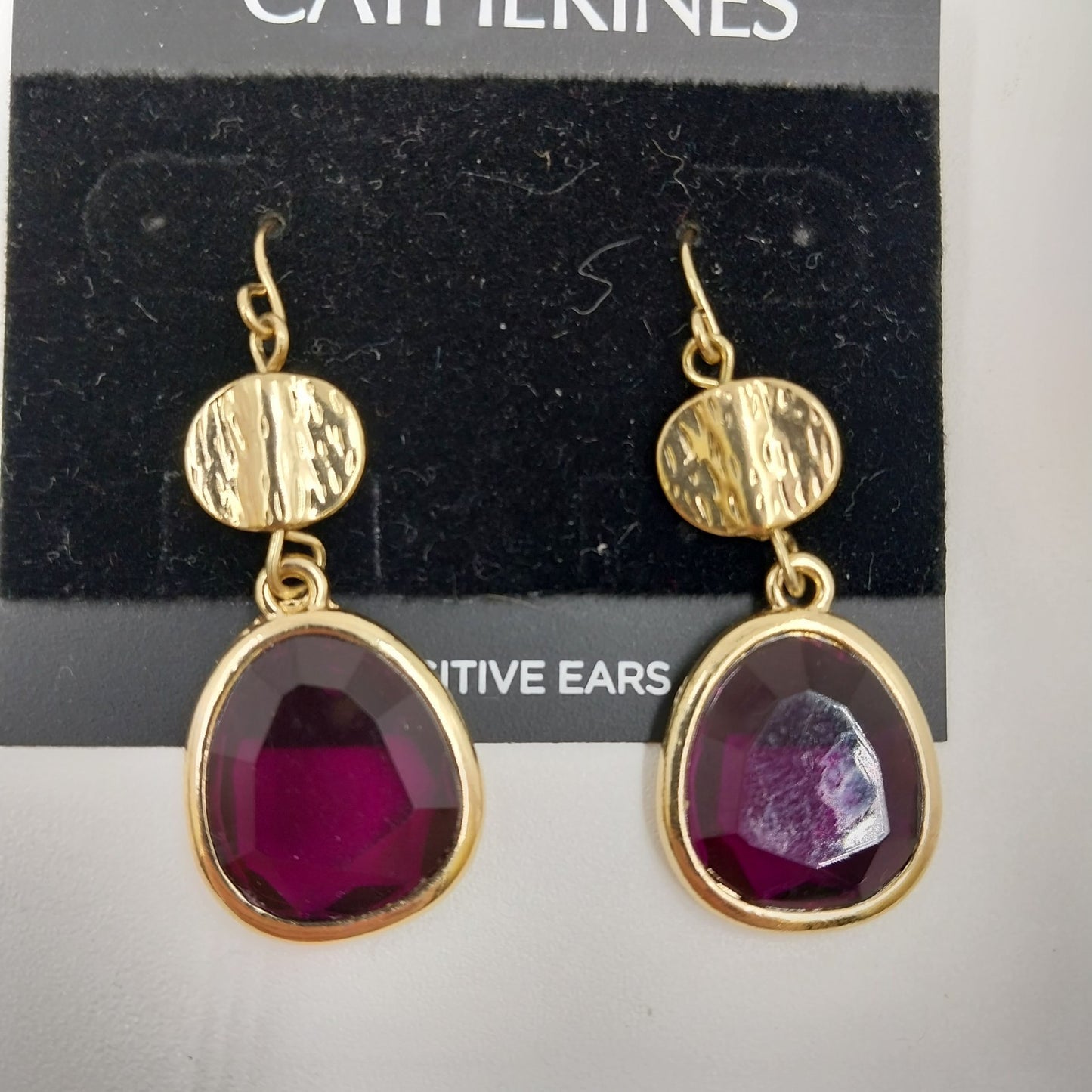 Catherines Earrings Garnet Gold Tone Disc with Purple Rhinestone Dangle 1.5"